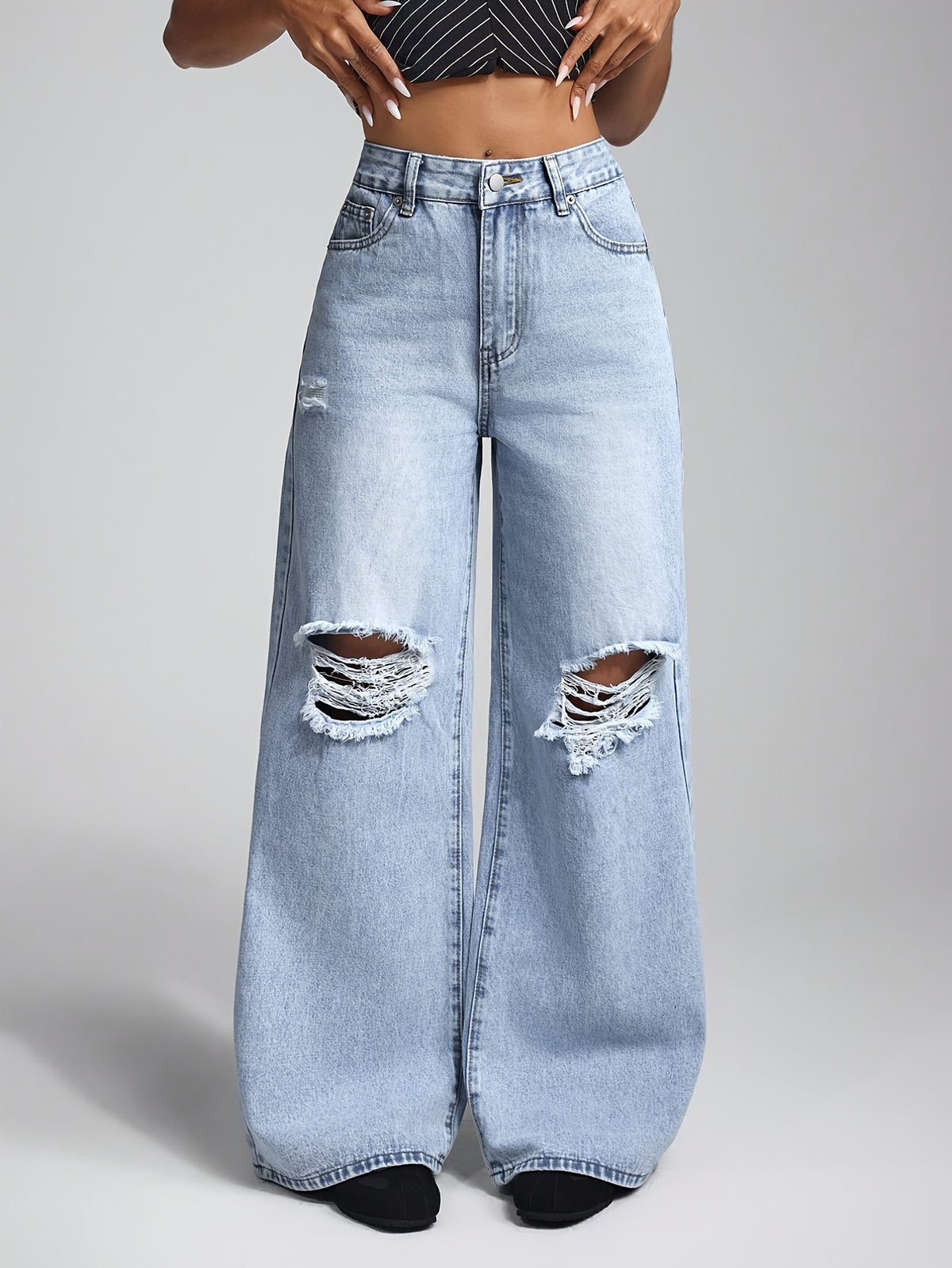 American-style Spicy Ripped High-waist Wide-leg Floor-length Denim Pants - Light Blue