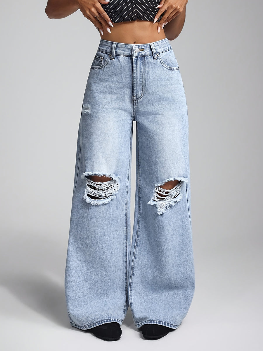 American-style Spicy Ripped High-waist Wide-leg Floor-length Denim Pants - Light Blue