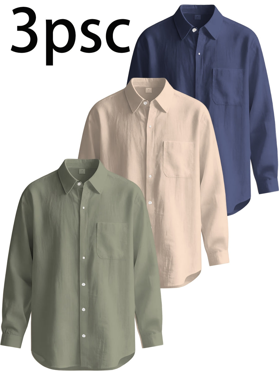 3pcs Men'S Casual Linen Shirts, Long Sleeve Button Tops with Chest Pocket, Lightweight Solid Color Shirts for Daily And Vacation - Mix Colors 2