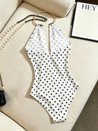 Spring/Autumn Simple Halter Neck Polka Dot Basic Bodysuit for Women, Stretchy Slim-Fit Flattering Base Layer, Versatile Tight-Fitting Top for Vacation and Dates - Polka Dots