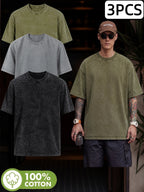 [3-pc] Summer New 100% Washed Vintage Men'S Pure Short Sleeve T-Shirt, Loose Fit, Casual And Comfortable, Round Neck, Trendy Style Top - Steel