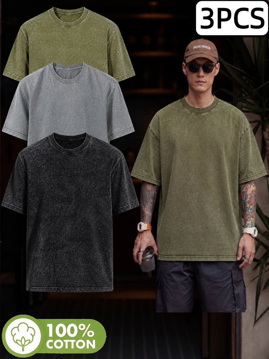 [3-pc] Summer New 100% Washed Vintage Men'S Pure Short Sleeve T-Shirt, Loose Fit, Casual And Comfortable, Round Neck, Trendy Style Top - Steel
