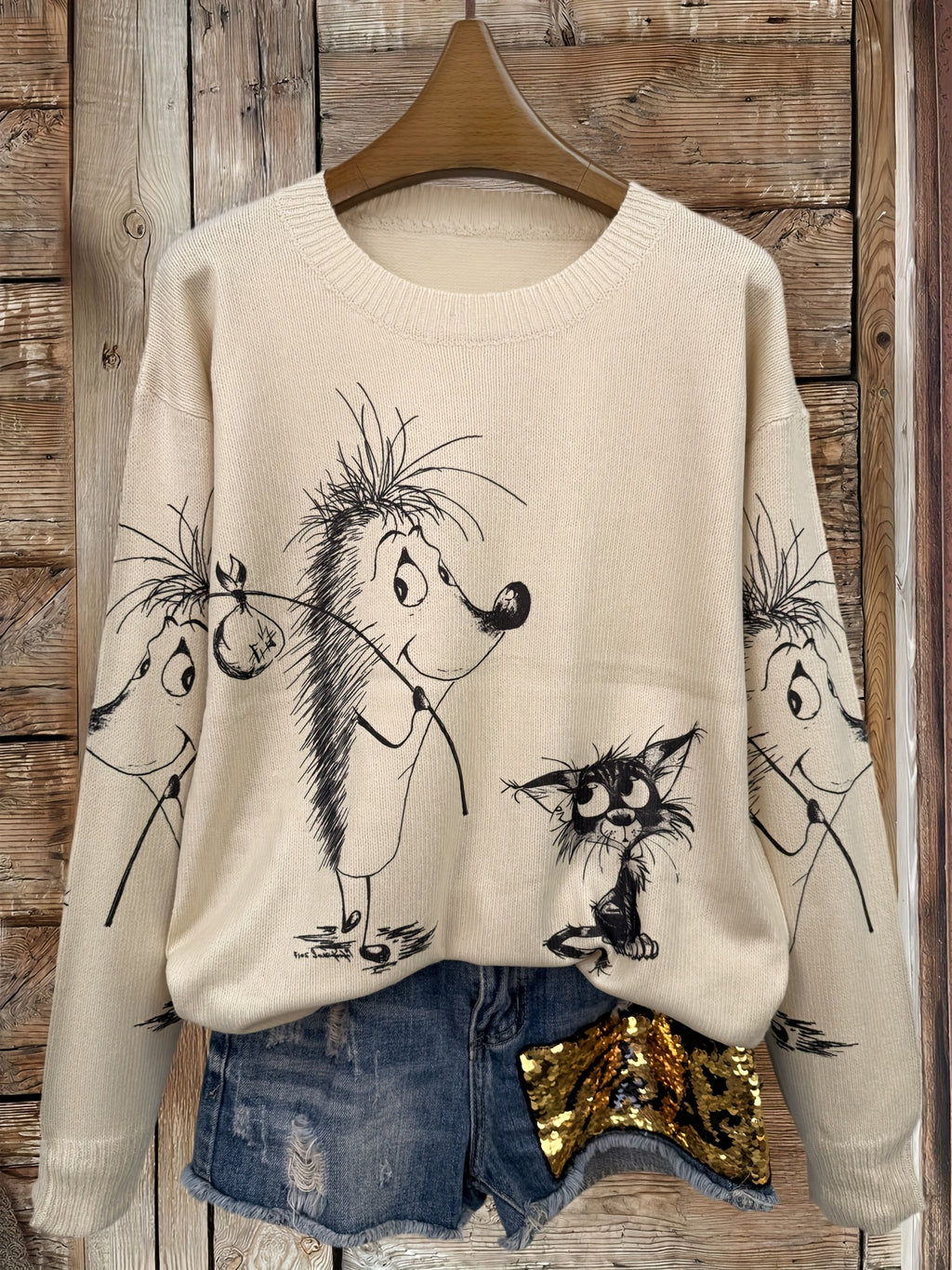 Women's All Over Printed Long Sleeve Universal Crew Neck Lightweight Sweater, Trendy Wear, Ultra HD Cartoon Hedgehog And Cat Pattern, Perfect for Casual Elegance Style Outfits - Suitable for All Seasons - Multicolor