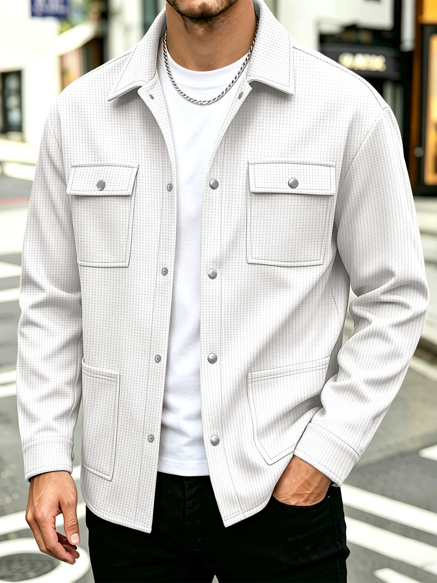 Men'S Waffle-Weave Cargo Jacket, Lapel Button-Up Multi-Pocket Cardigan, Spring Autumn Loose Casual Shirt Coat - White