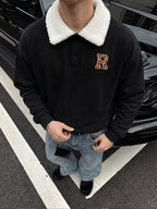 1pc Men'S Plush Lapel Polo Sweatshirt, Leopard R Letter Print, Retro American Casual Style, Autumn Loose Drop Shoulder Fit, Casual Daily Outwear - Black