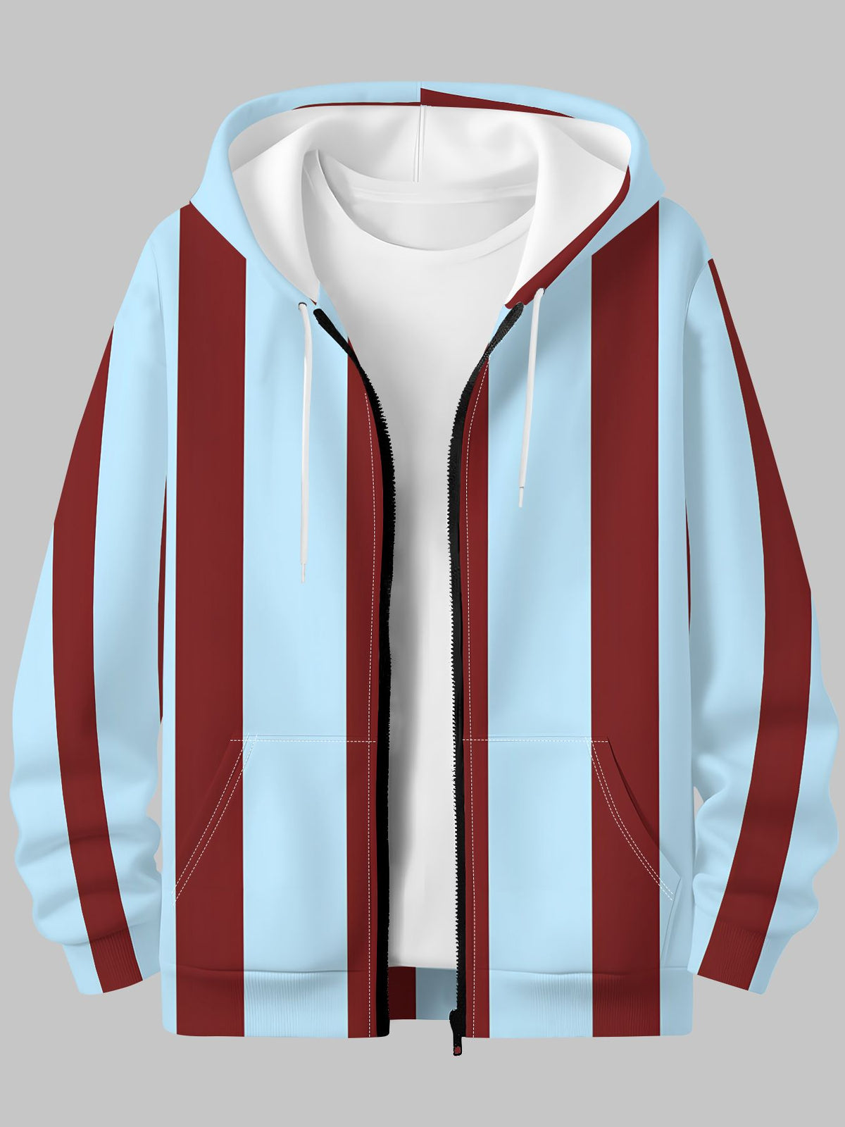 Men'S Autumn Winter Zipper Hooded Sweatshirt Light Blue Burgundy Vertical Stripes Pattern Print Casual All-Match Top - Mixed colors
