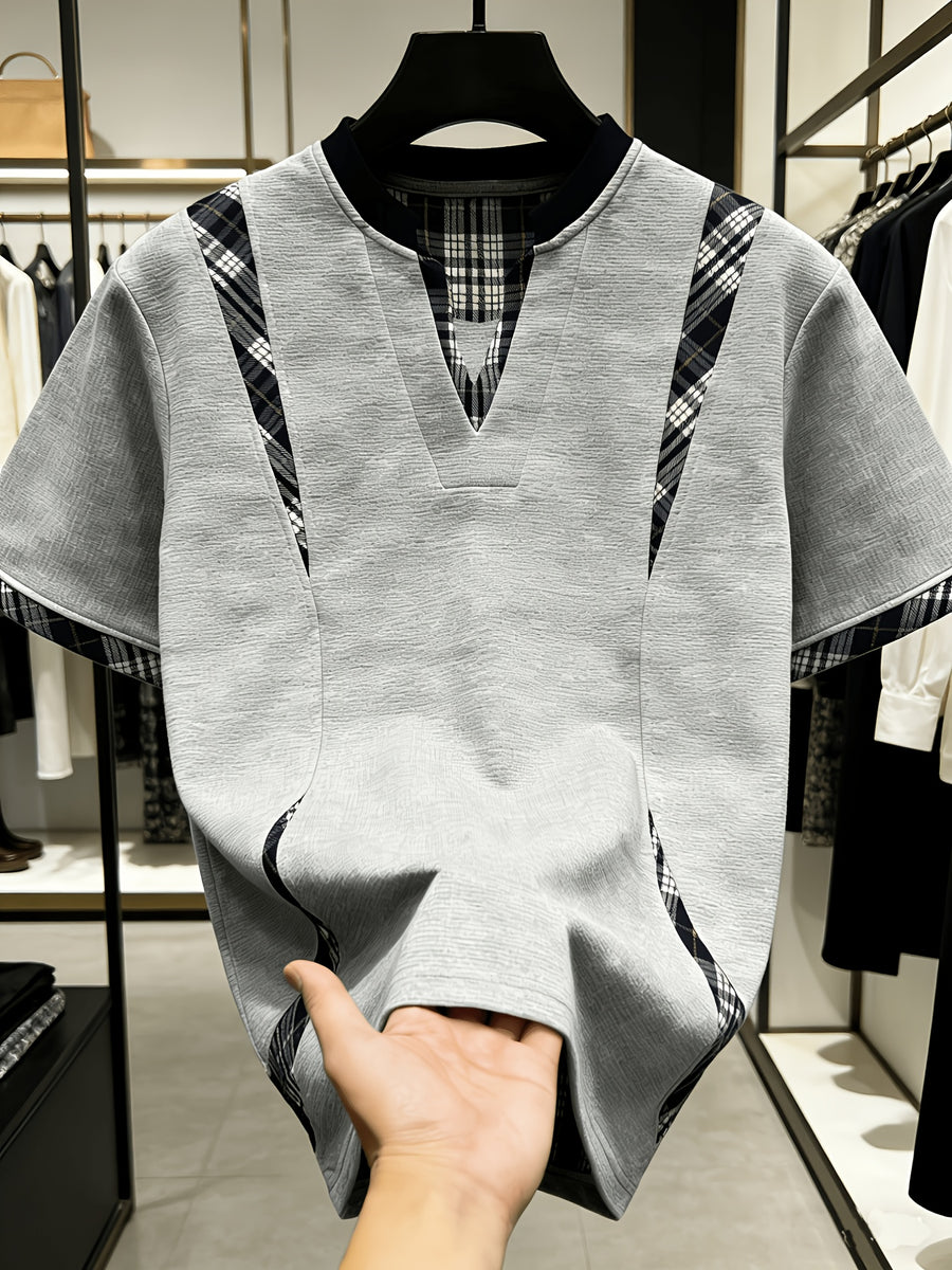 The [Pearson OBM] Men'S Short-Sleeve Golf Knit Shirt for Spring And Summer Features a Luxurious V-Neck Polo Design. Made from a Heavy Waffle Texture Fabric with Stylish Striped Color-Blocking And a Double-Layer Collar - ho Gray