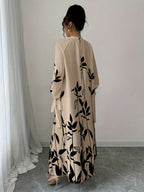 Women's Elegant High Neck Maxi Dress with Plant Print - -Length Gown, Machine Washable Suitable for Weddings, Parties, Spring/Autumn Events - Apricot