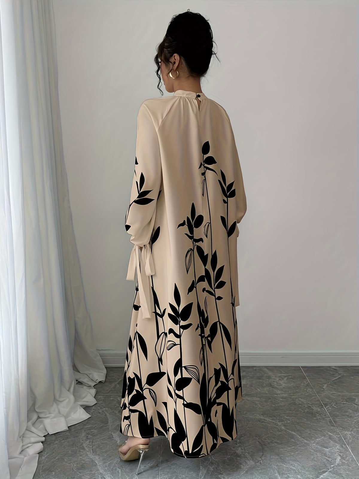 Women's Elegant High Neck Maxi Dress with Plant Print - -Length Gown, Machine Washable Suitable for Weddings, Parties, Spring/Autumn Events - Apricot