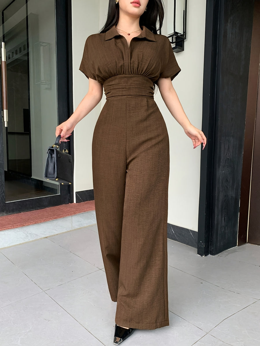 ASD1 Elegant Women'S Waist-Cinching Sleeveless Solid Color Lapel Jumpsuit - Coffee Color