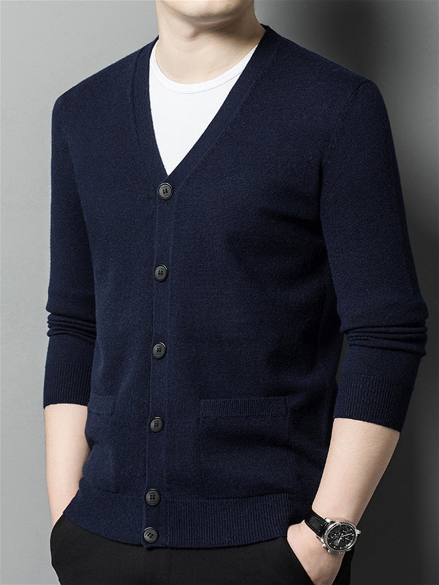 Autumn Winter Knit 3D Solid Color V-Neck Sweater, Basic Knit Cardigan for Men, Fashionable Long Sleeve Sweater, Cangyuan Y - Shangqing