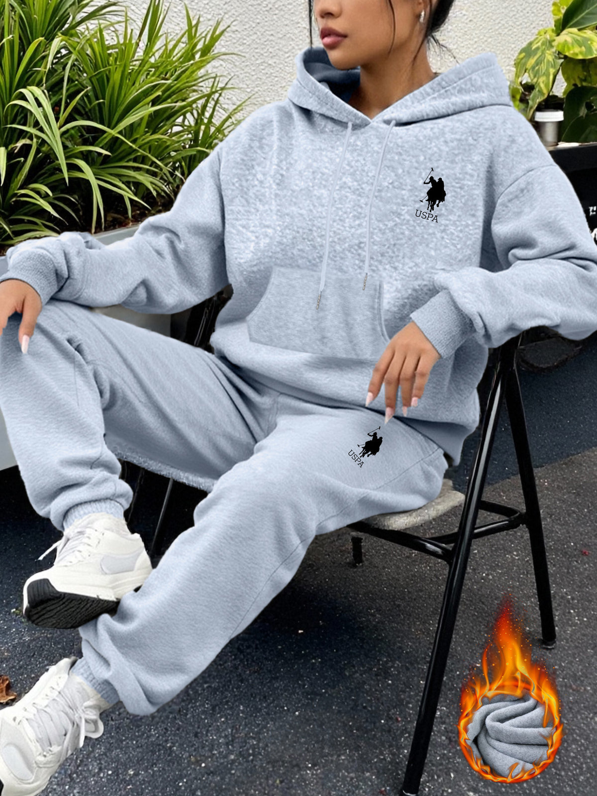 USPA Letter Pattern Printed Women'S Fleece Hoodie And Sweatpants Sports Set for Autumn And Winter. This Pullover Is Machine Washable, Featuring a Comfortable Top Made of Soft Fabric, Perfect for Everyday Wear. The Fleece Design Is Made of 100% - Light Grey