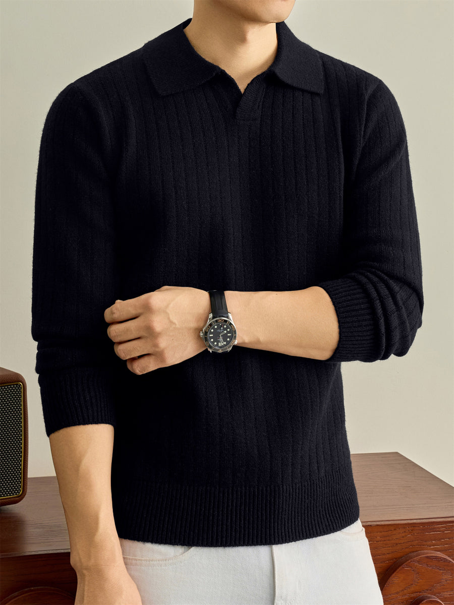 Autumn Winter Knit 3D Solid Color Lapel Polo Sweater, Basic Knit Pullover Top for Men, Fashionable Long Sleeve Sweater, Size S - Black