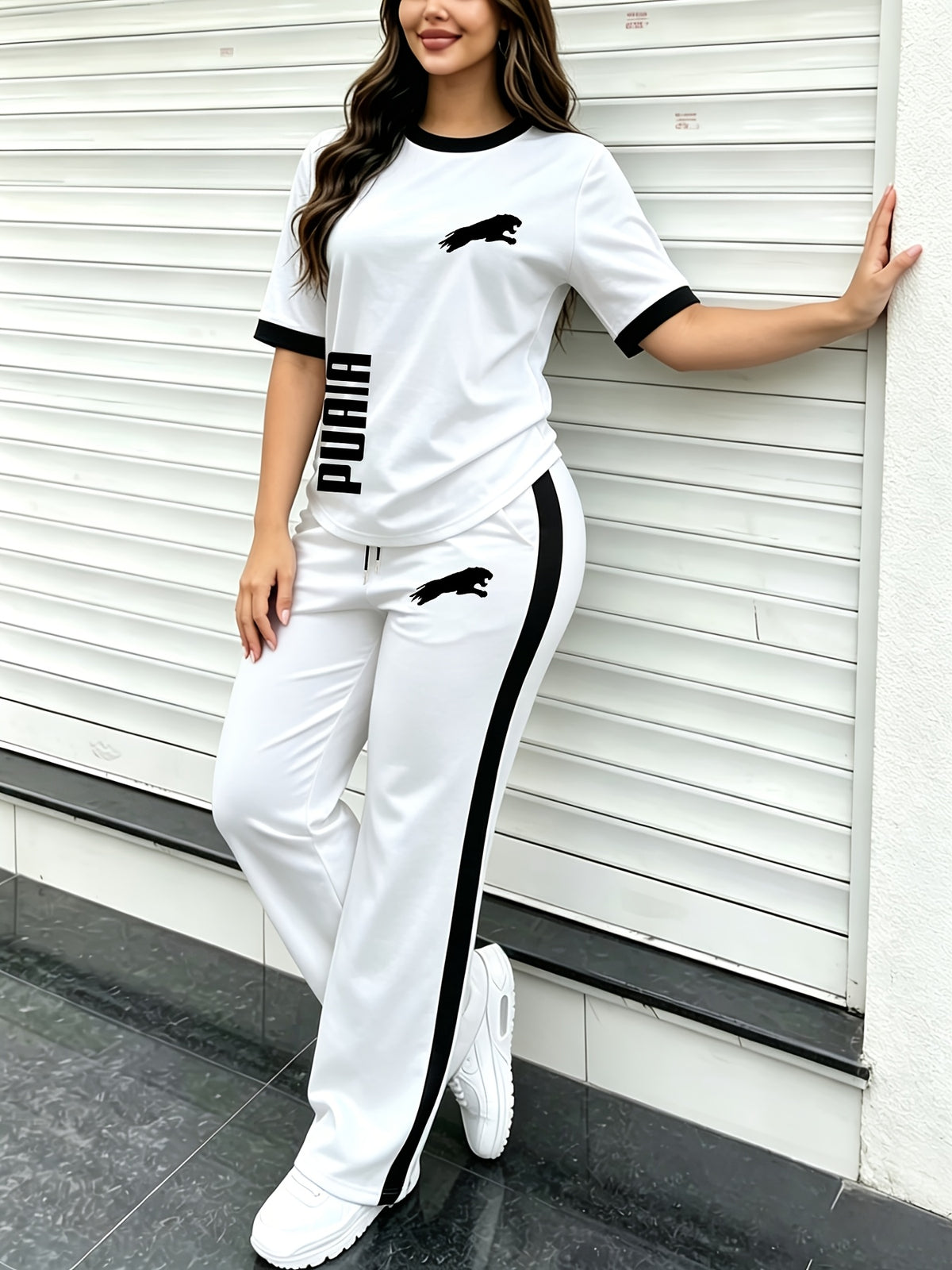 Women'S Summer Set, Fashion Casual Two-Piece Outfit, Contrast Ringer Neck Short Sleeve Top And Loose Wide-Leg Pants, Women'S Clothing! - White