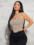Women's Fishbone Corset Top - Square Neck Sleeveless Summer Tank, Breathable Stretchy, Machine Washable Solid Color Casual Chic Tops, Casual Attire, Elegant Design, Comfortable Wear - Khaki