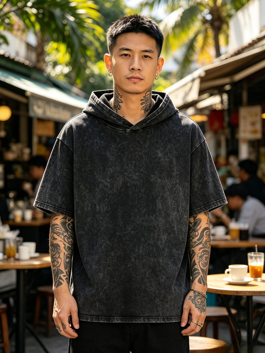 Heavyweight Pure High-Street Trendy INS Washed Vintage Loose Hoodie Short Sleeve T-Shirt Men'S Summer New Retro Fashion Versatile Oversize Teenage Bad Boy Casual Half T-Shirt Base Layer Top - Washed Black