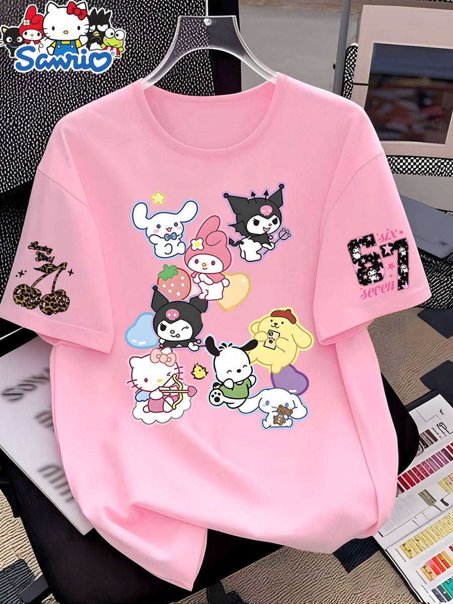 New Summer Cross-Border European and American Women's Short-Sleeve T-Shirt, Cute Cartoon Sanrio Co-Branded Print, Loose Fit Round Neck Short-Sleeve Casual Top, Comfortable and Stylish Swear and , Multiple Color Options, Easygoing Style - pink color
