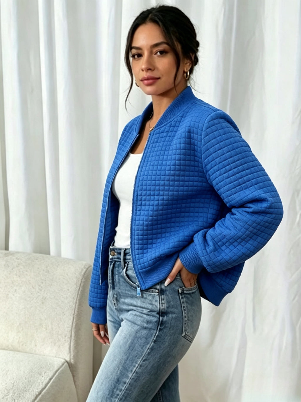 Easy Temperament Checkered Embossed Jacket, Casual All-Match Commute Loose Short Stand-Up Collar Coat Women'S - Vibrant Blue
