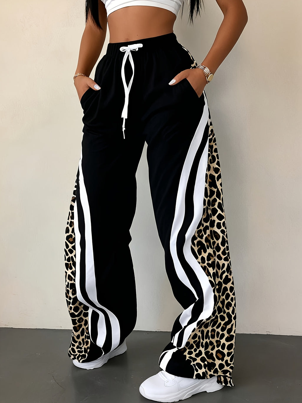 Women'S Striped Leopard Print Casual Fake Drawstring Pocket Pants - Black