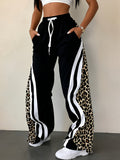 Women'S Striped Leopard Print Casual Fake Drawstring Pocket Pants - Black