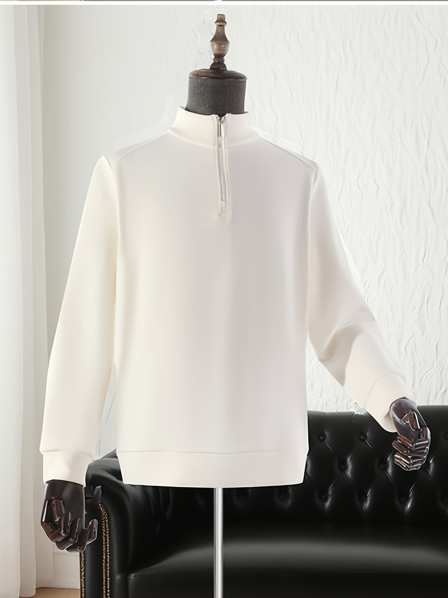 Men'S Half-Zip Stand Collar Knit Sweater, Semi-Open Zipper Placket Ribbed Hem, Business Casual Spring Autumn Regular Fit for Commute And Daily Wear - White