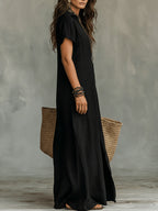 Women'S Casual Solid Color V-Neck Slit Lazy Style Shirt Dress Button Front Opening Bohemian Shirt Style Loose Long Dress - Black