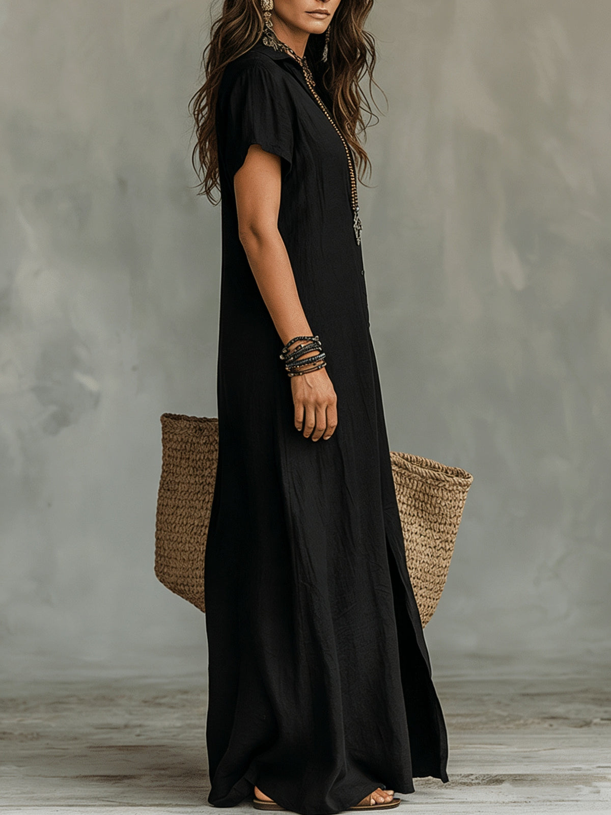 Women'S Casual Solid Color V-Neck Slit Lazy Style Shirt Dress Button Front Opening Bohemian Shirt Style Loose Long Dress - Black