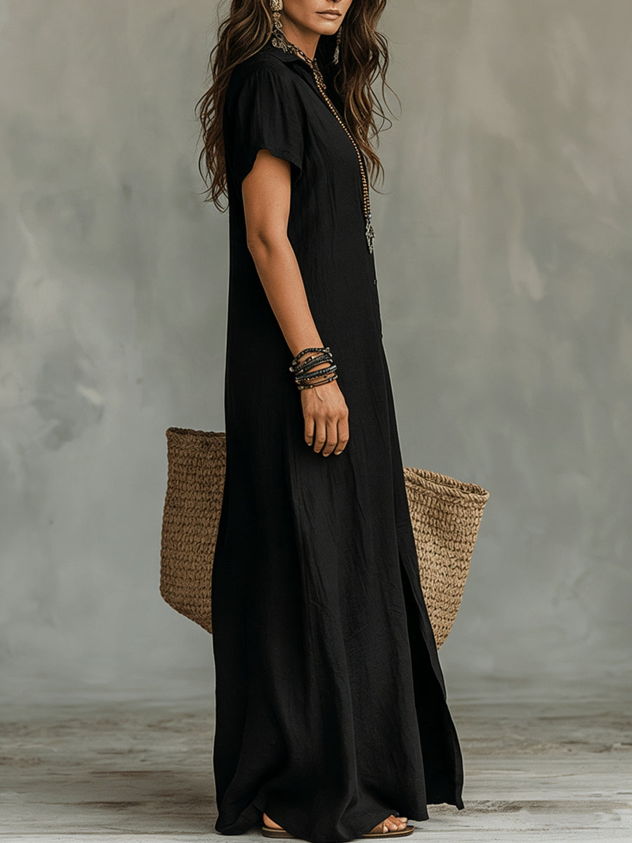 Women'S Casual Solid Color V-Neck Slit Lazy Style Shirt Dress Button Front Opening Bohemian Shirt Style Loose Long Dress - Black
