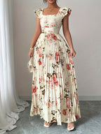 Women'S Elegant Floral Print Pleated Hem Long Dress, Summer - Multicolor