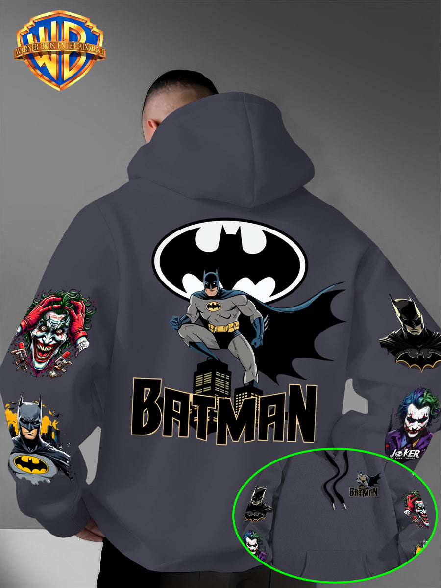 DC Batman Joker IP Official Hooded Sweatshirt with Gotham Crouching Batman on the Back + Bat Logo Themed Print, Drawstring Loose Hoodie, Wear-Resistant and Wash-Resistant Autumn/Winter Trendy Top - Dark Gray