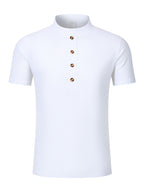 New Men's Cotton-Cotton And Linen Blend Blend Stand Collar Henley Short Sleeve T-Shirt, Half-Open Placket Button Casual Breathable Lightweight Summer Beach Top - White
