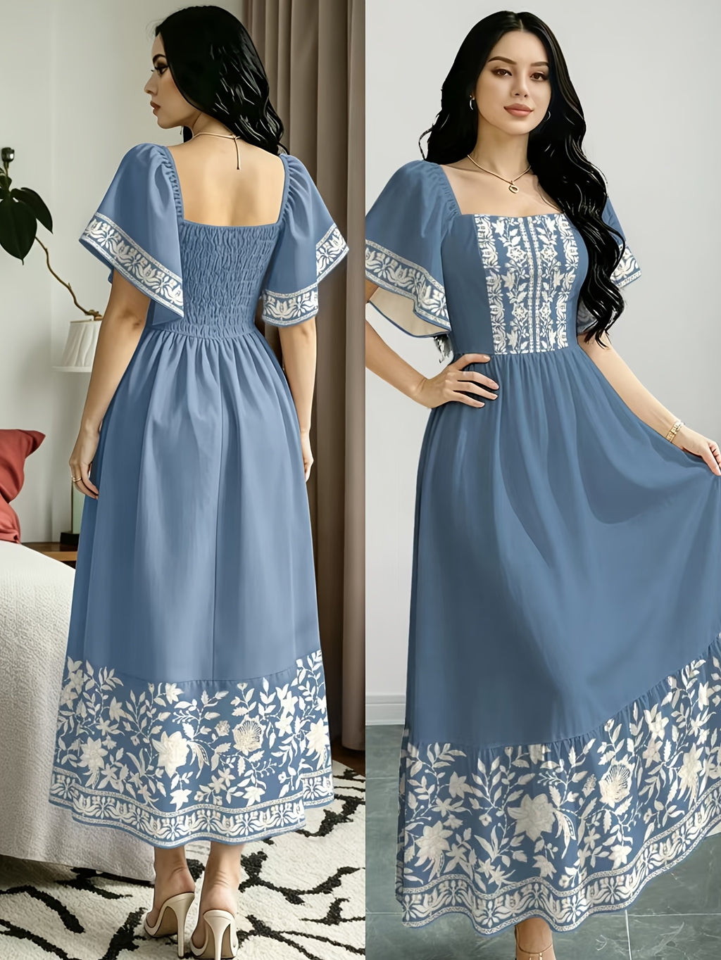 The Summer Floral-Themed Elegant Resort-Style Dress Features a Butterfly Wing Print Design, a Square Neckline And Short Sleeves, Is Equipped with a Waist-Cinching Design, And Has a Moderate Length - Bright Steel Blue