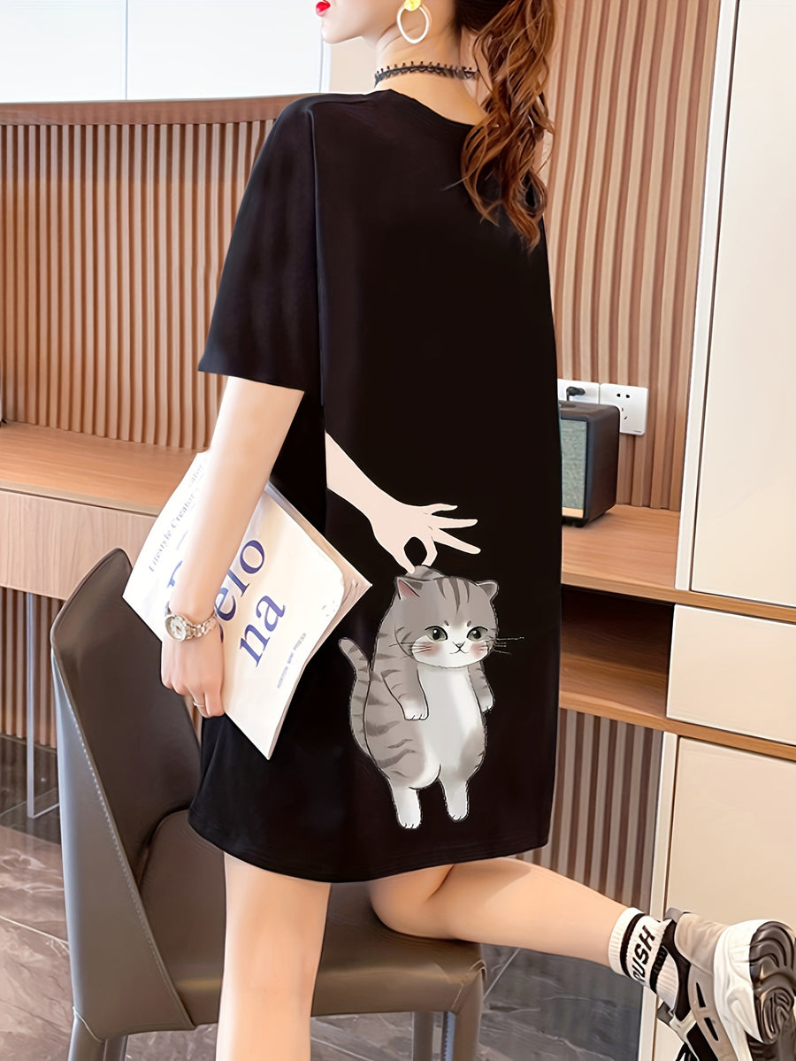 Women's Short Sleeve T-Shirt with Front and Back Print, Pure - Black