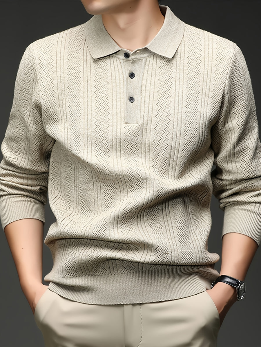 Autumn Renewal 1pc: Black Knitted Long-Sleeve Polo Shirt for Middle-Aged Men, Vertical Stripe Jacquard, Three-Button Lapel, Business Casual, Slim Fit for Spring/Autumn, Commuting and Daily Layering Top - Apricot