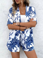 Vacation-style Geometric Print Short Set, Featuring a Front-open Short-sleeve Tunic and a Drawstring Loose-fit Shorts, Suitable for Spring and Summer, Women's Clothing - Blue