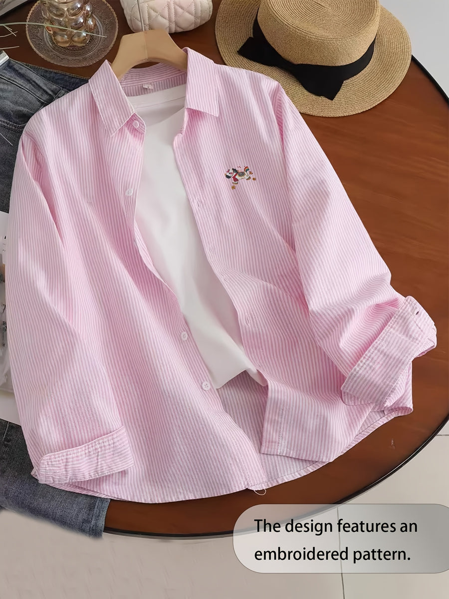 Spring And Autumn Thin Healing Style Trendy Men'S Cartoon Niche Fun Pattern Long Sleeve Thin Striped Casual Shirt - Peach