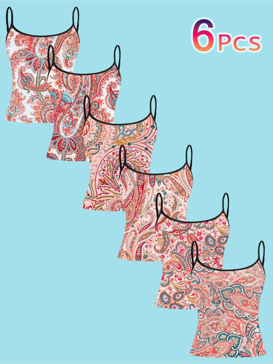 6pcs Women'S Camisole Vest Set, Mixed Colors, Multi-Size Available, Paisley Floral Pattern, Black Thin Straps, Black Neckline Trim, Fabric, Fashionable Women'S Sleeveless Vest, Casual Wear, Fashionable And Comfortable - Mixed colors