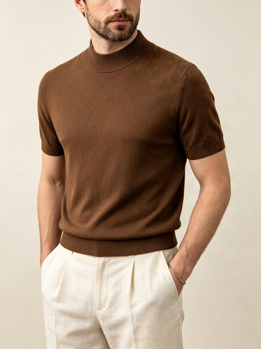 Men's Minimalist Urban Style Half-Turtleneck Short-Sleeve Knit Sweater with Fine Texture, Breathable for Spring/Summer Daily Wear - Rust