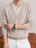 Autumn/Winter Men's 2-in-1 Look V-Neck Knitwear with Contrast Button Design, Warm Pullover Sweater - Apricot