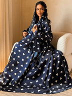 1 Set Heart Print Satin Abaya Set With, Elegant Flare Maxi Open Abaya for Women - Navy Color