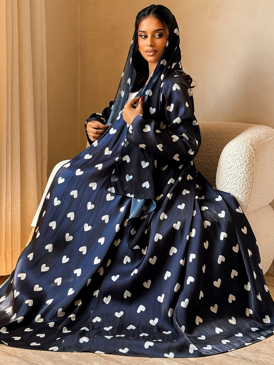 1 Set Heart Print Satin Abaya Set With, Elegant Flare Maxi Open Abaya for Women - Navy Color