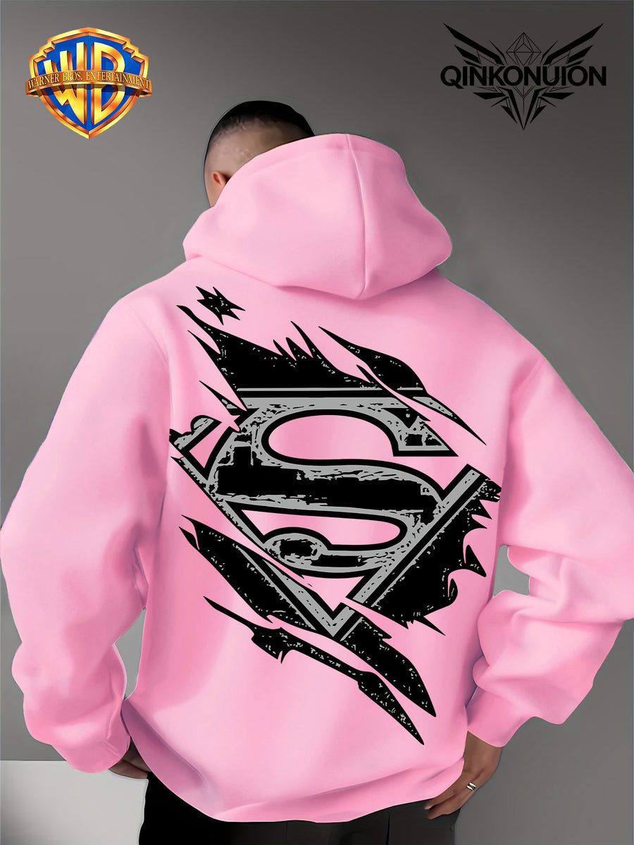 Warner Official Men's Hooded Sweatshirt, Black and White Distressed Batman Symbol Torn Wind Print Design, Machine Washable, Cozy and Comfortable Daily Drawstring Hooded Sweatshirt for Autumn and Winter, Versatile Sporty Casual Loose Fit - Pink Color