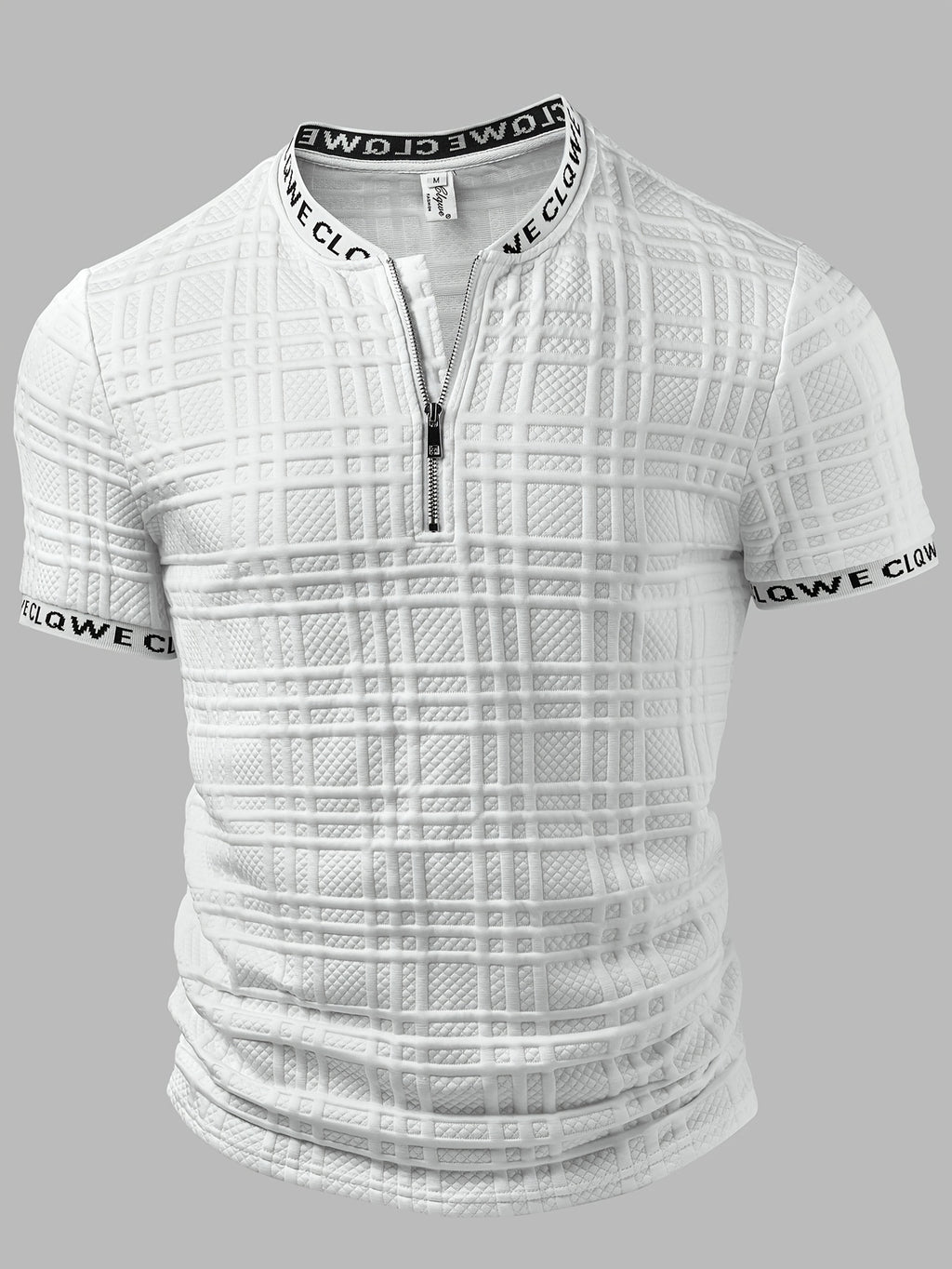 Men'S Half-Zip Plaid Embossed Short Sleeve T-Shirt And Trendy Casual Style, All-Over Diamond Check Embossed Textured Fabric, Letter Webbing Contrast at Collar And Cuffs, Front Half-Open Zipper Placket, Fitted with Slight Stretch Cut - White