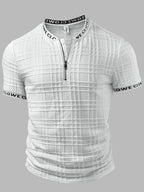 Men'S Half-Zip Plaid Embossed Short Sleeve T-Shirt And Trendy Casual Style, All-Over Diamond Check Embossed Textured Fabric, Letter Webbing Contrast at Collar And Cuffs, Front Half-Open Zipper Placket, Fitted with Slight Stretch Cut - White