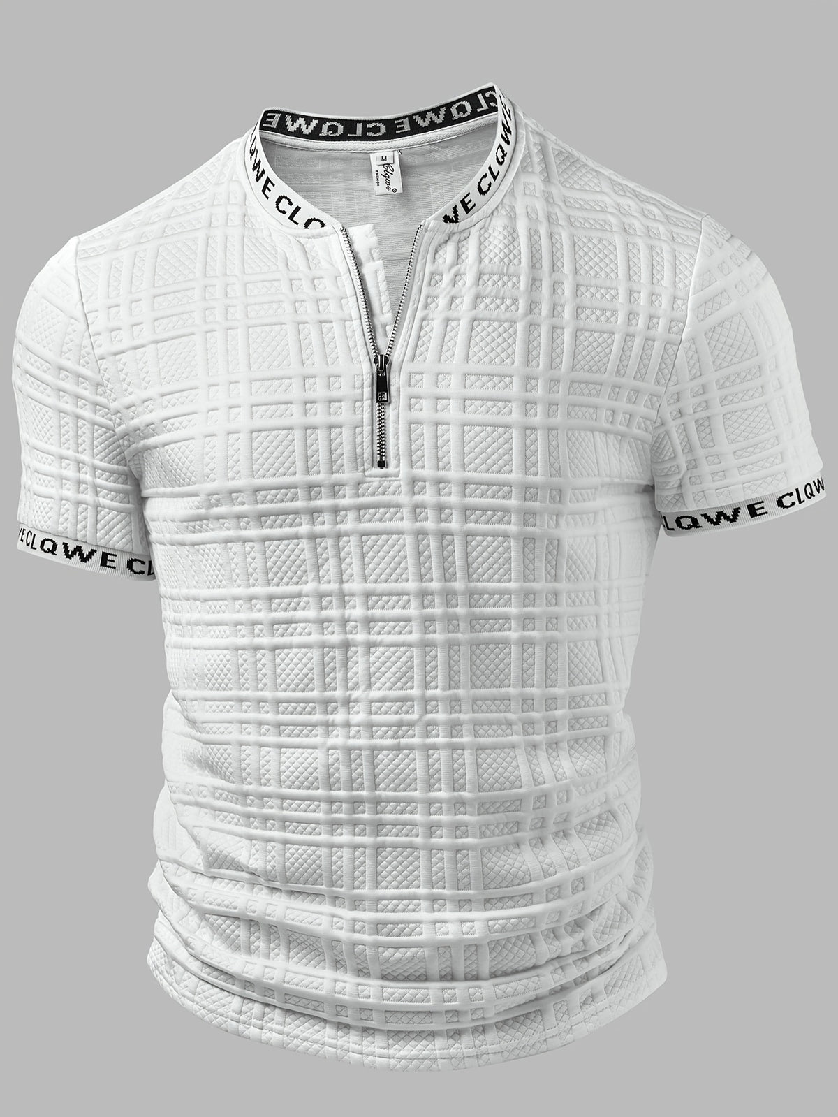 Men'S Half-Zip Plaid Embossed Short Sleeve T-Shirt And Trendy Casual Style, All-Over Diamond Check Embossed Textured Fabric, Letter Webbing Contrast at Collar And Cuffs, Front Half-Open Zipper Placket, Fitted with Slight Stretch Cut - White