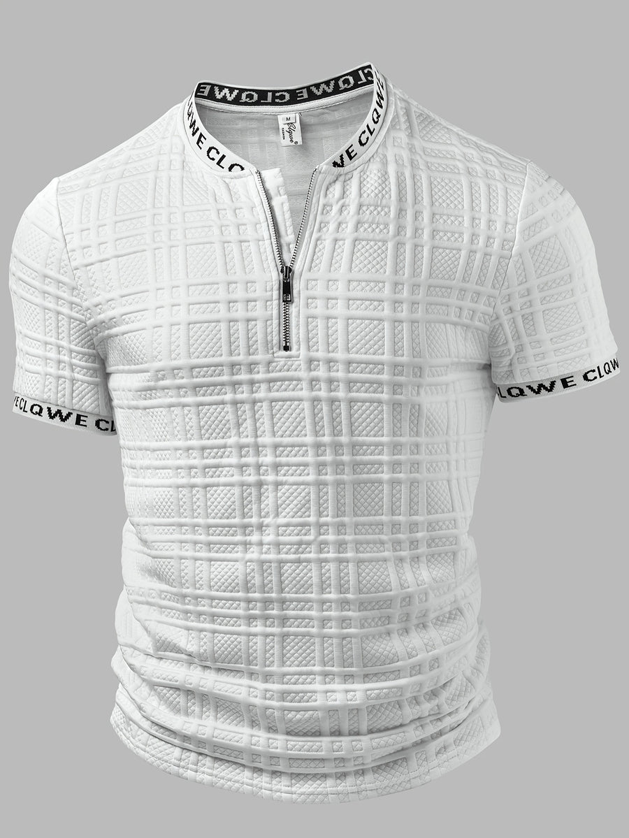 Men'S Half-Zip Plaid Embossed Short Sleeve T-Shirt And Trendy Casual Style, All-Over Diamond Check Embossed Textured Fabric, Letter Webbing Contrast at Collar And Cuffs, Front Half-Open Zipper Placket, Fitted with Slight Stretch Cut - White