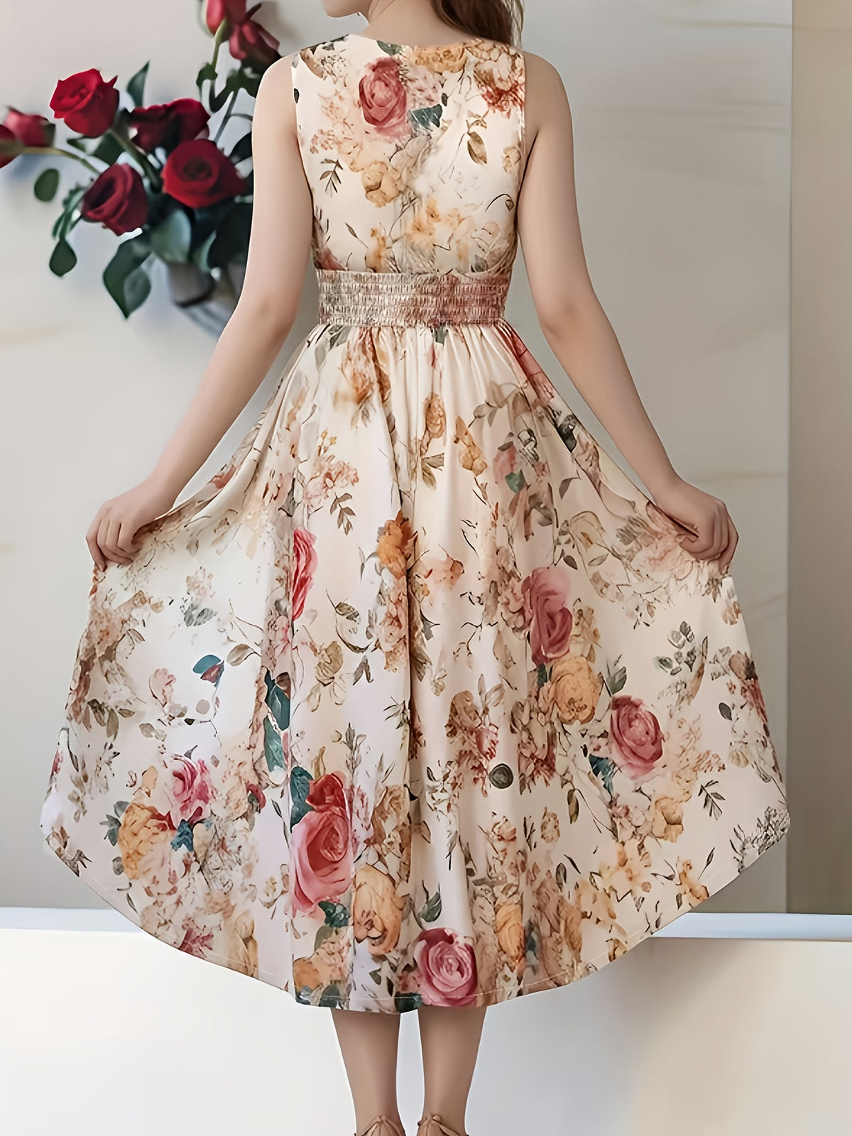 New Stylish And Elegant Sleeveless V-Neck Printed Dress for Women - Polychrome