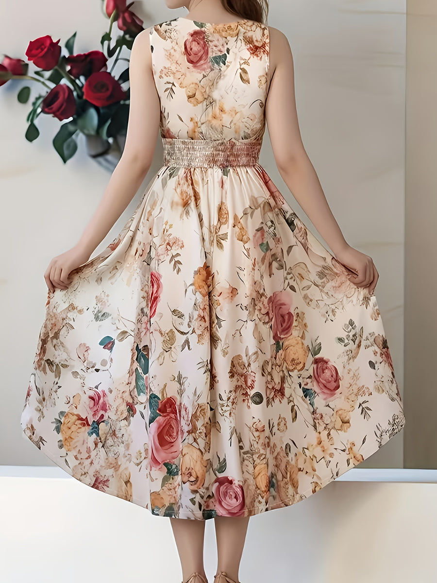 New Stylish And Elegant Sleeveless V-Neck Printed Dress for Women - Polychrome