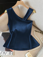 Women'S Elegant Asymmetrical Shoulder Textured Fabric Rose Floral Decoration Button Niche Design Vest Top - Deep Blue
