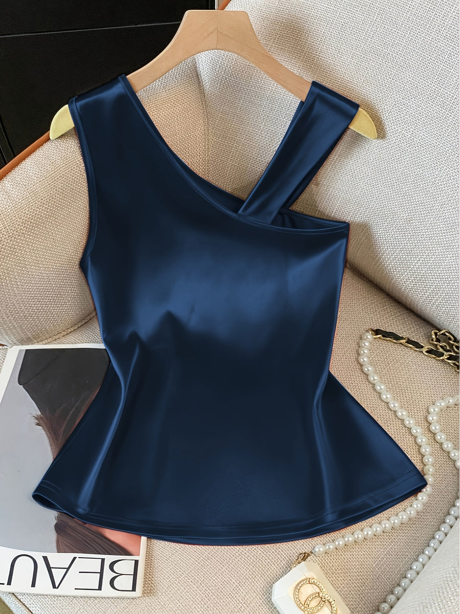 Women'S Elegant Asymmetrical Shoulder Textured Fabric Rose Floral Decoration Button Niche Design Vest Top - Deep Blue
